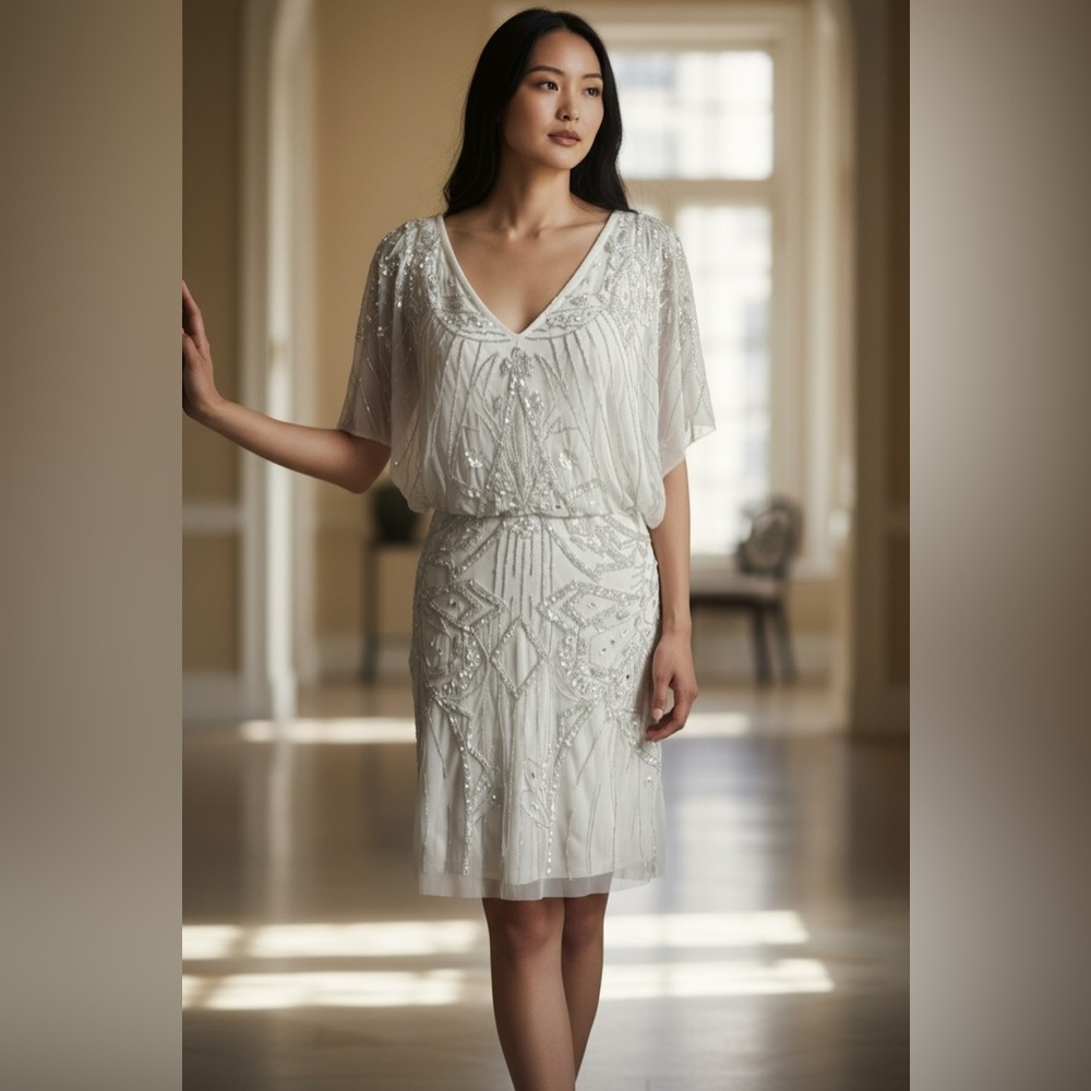 Aidan Mattox Art Deco Beaded Cocktail Dress Silver Gatsby - Picture 1 of 11